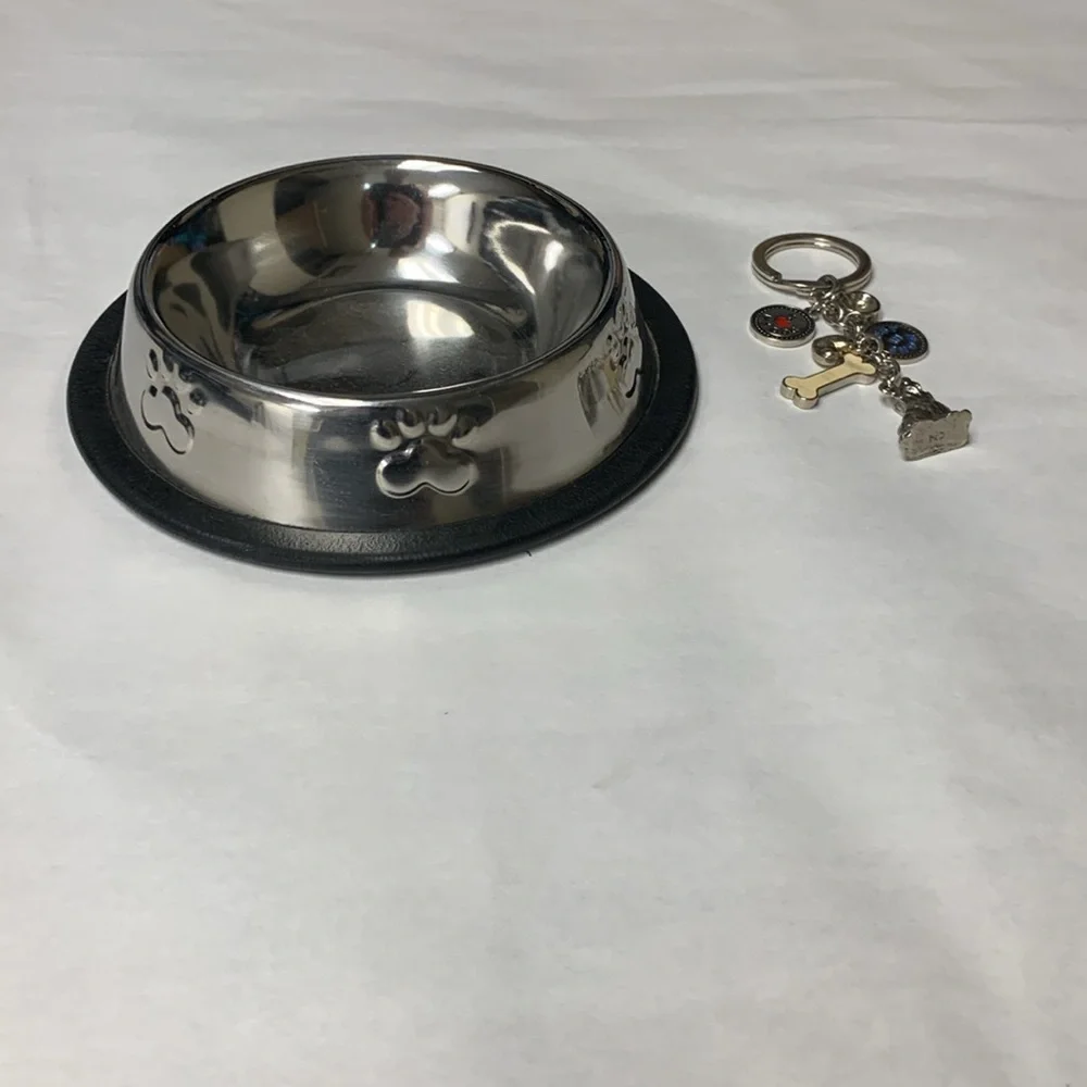 Stainless non skid Small Dog Dish With Raised Paws and key chain